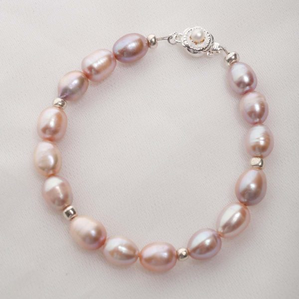 salmon / pink freshwater pearl bracelet 6mm bead with sterling silver and freshwater pearl clasp