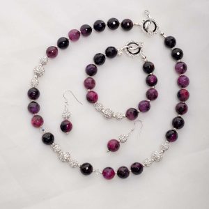 Purple Agate with rihinestone bead necklace, bracelet and earrings