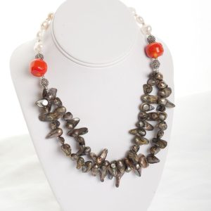 Orange Coral and Green & White Freshwater Pearl Necklace