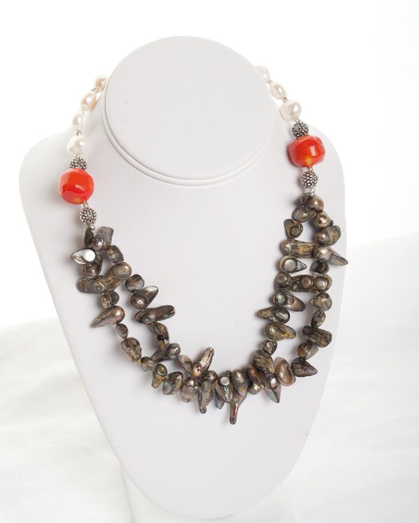 Orange Coral and Green & White Freshwater Pearl Necklace