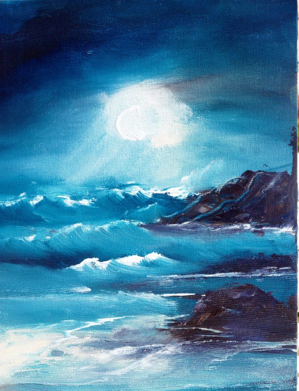 Moonlight Across the Waves. Original Canvas Oil Painting.