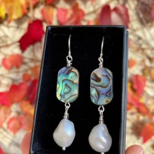 Abalone Shell, Freshwater Pearl and Sterling Silver Earrings