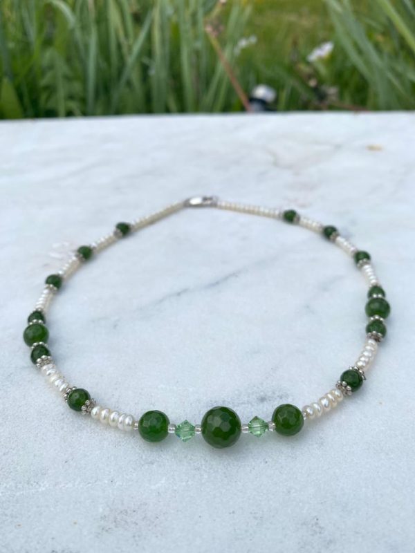 Freshwater Pearls,Jade and Swarovski Crystal Necklace