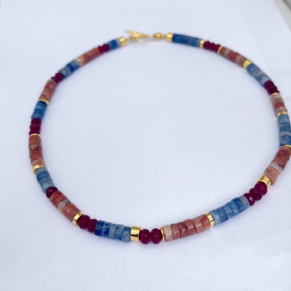 Blue Aventurine,Red Agate and Salmon Jade Semi-precious Stone Necklace.