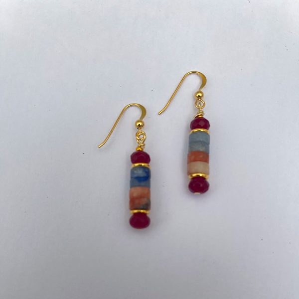 Blue Aventurine,Red Agate and Salmon Jade Semi-precious Stone Earrings