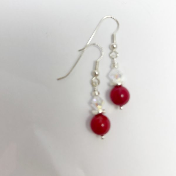 Coral ,Swarovski Crystal and Sterling Silver Earring Wire