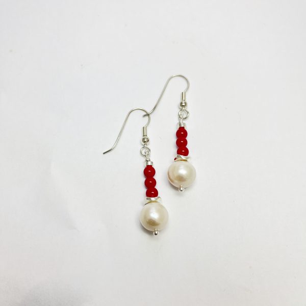 Real Pearl , Coral and Sterling Silver Earrings
